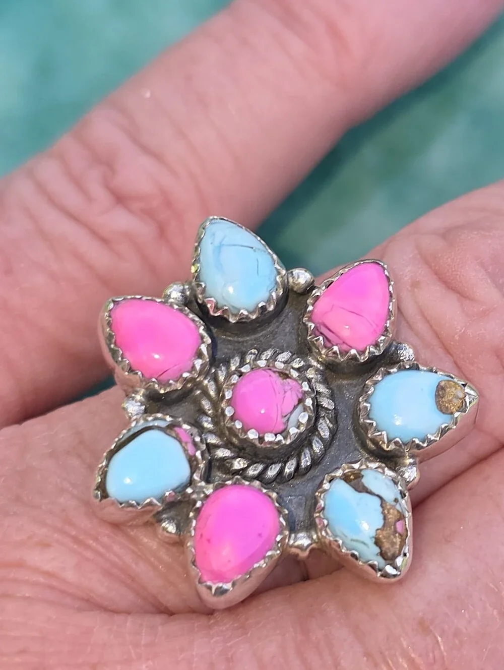 Cotton Candy Turquoise Gemstone Ring In 925 Sterling Silver (Adjustable)